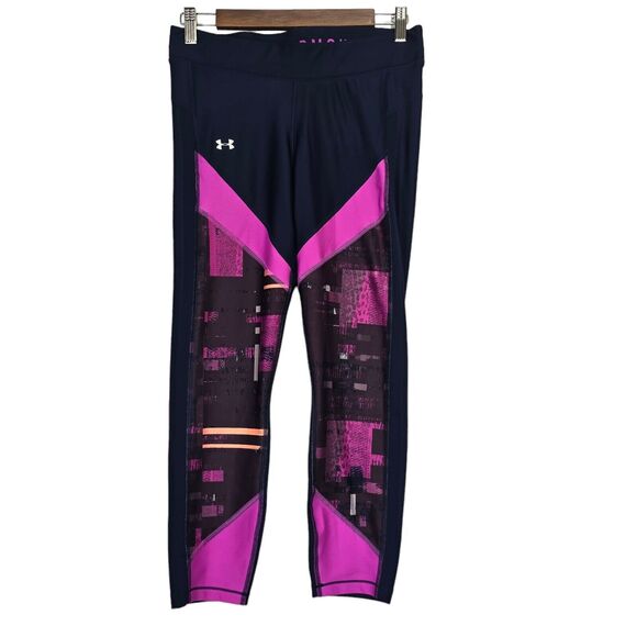 Under Armour Leggings Women Navy Purple Cropped Compression Heatgear Athletic - Picture 1 of 8